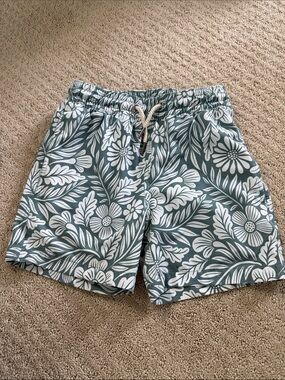 Fair Harbor Men's Floral Swim Trunks in Slate Green and White